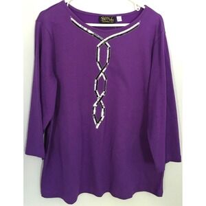 Bob Mackie Shirt Women XL Purple Sequin Embellished 3/4 Sleeve Blouse NWT‎